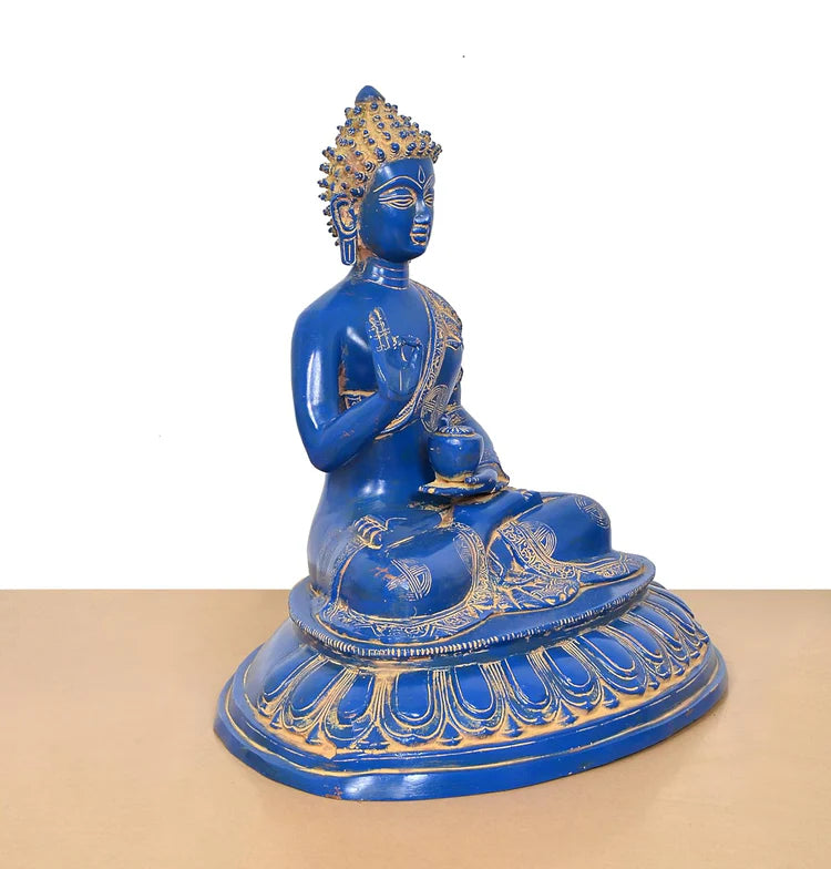 Brassaura® Blue Buddha Brass Statue | Meditating Gautam Buddha Idol for Peace & Spiritual Décor | Height 16 Inches