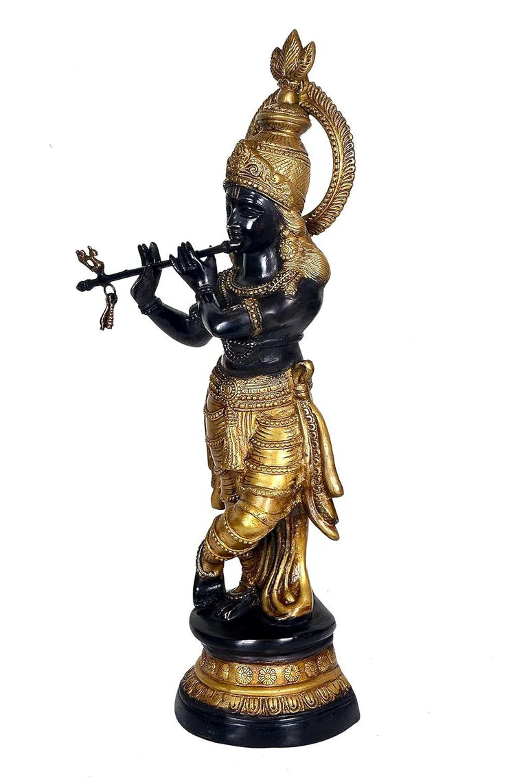 ब्रासोरा® वृंदावन वेणुगोपाल कृष्ण पीतल की प्रतिमा मोर के साथ | एंटीक नीला और सुनहरा रंग | ऊँचाई 20 इंच