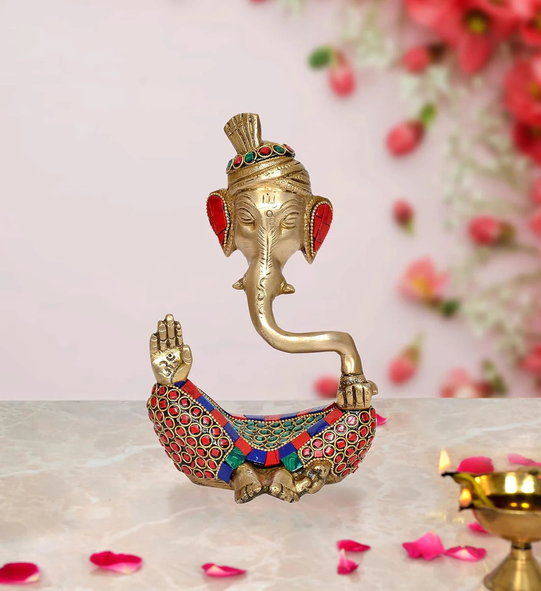Brassaura® Modern Ganesha Safa Brass Idol with Stone Work | Decorative Spiritual Showpiece | Height 7 Inches