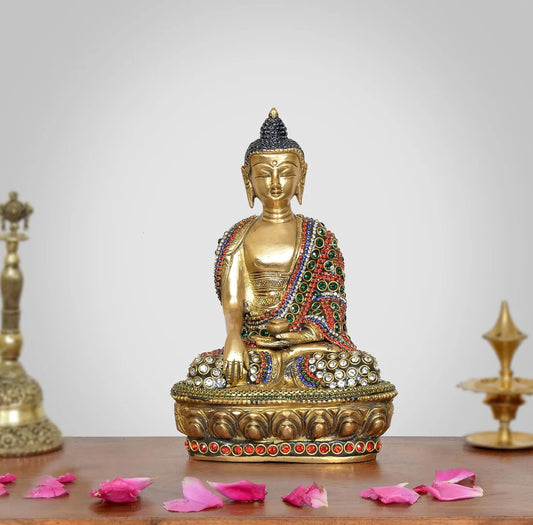 Brassaura® Brass Dhyan Mudra Buddha Statue | 8 Inch Multicolor Buddha Idol | Handcrafted Brass Murti for Home & Meditation Décor