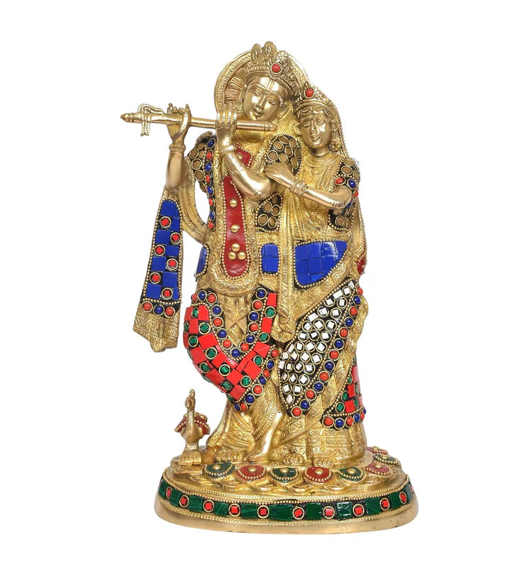 Brassaura® Brass Standing Radha Krishna Idol with Peacock Design | Height 12 Inches