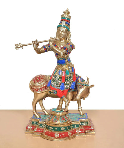 Brassaura® Krishna Cow Brass Statue with Meenakari Stonework | Height 25 Inches