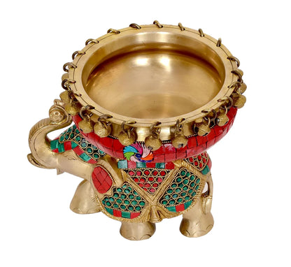 Brassaura® Brass Elephant with Urli & Ghungroo Work | Decorative Brass Showpiece | Height 7.5 Inches