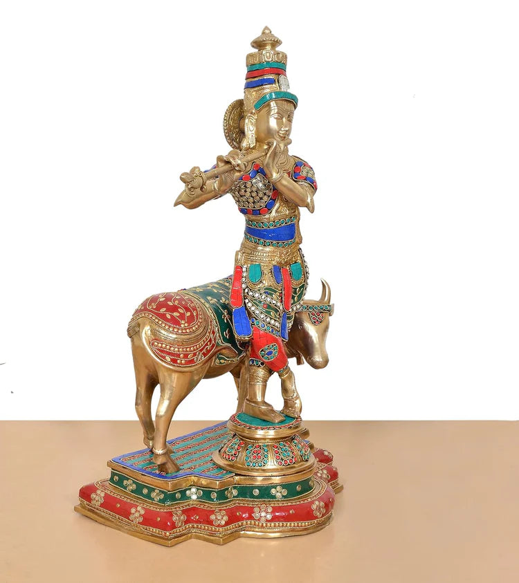 Brassaura® Krishna Cow Brass Statue with Meenakari Stonework | Height 25 Inches