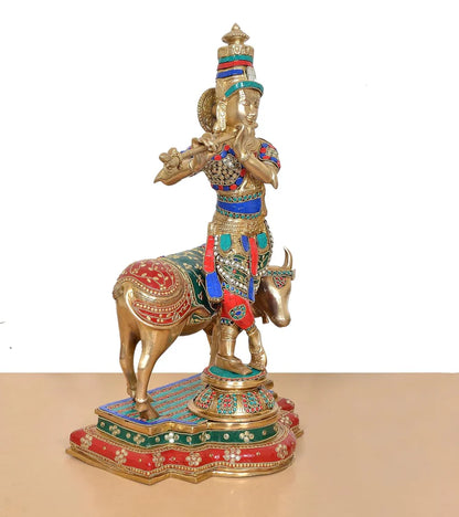 Brassaura® Krishna Cow Brass Statue with Meenakari Stonework | Height 25 Inches