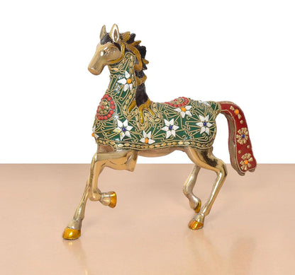 Brassaura® Multicolor Brass Horse Statue | Decorative Running Horse Showpiece with Stone Work | Height 10.5 Inches