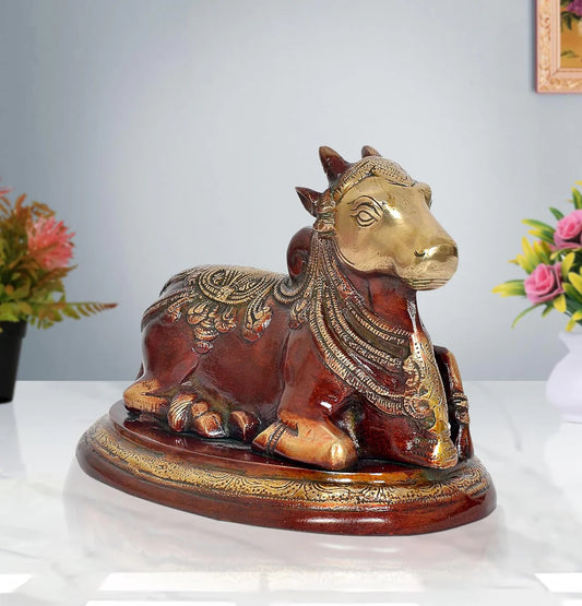 Brassaura® Brass Shiva Seated on Nandi Statue | 6.5 Inch Multicolor Shiv Idol | Handcrafted Brass Murti for Home & Temple