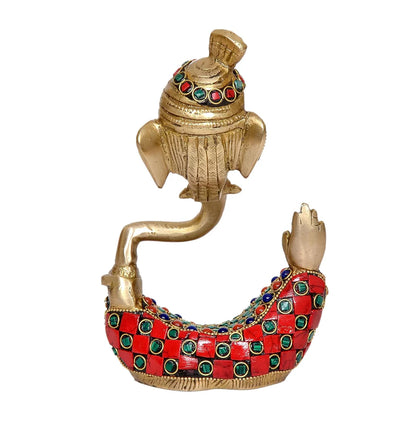 Brassaura® Modern Ganesha Safa Brass Idol with Stone Work | Decorative Spiritual Showpiece | Height 7 Inches