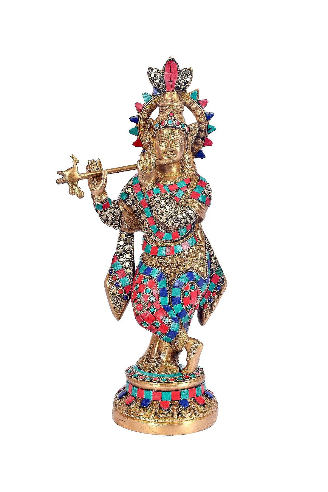Brassaura® Brass Lord Krishna Statue (Inlay Work) | Height 15 Inches