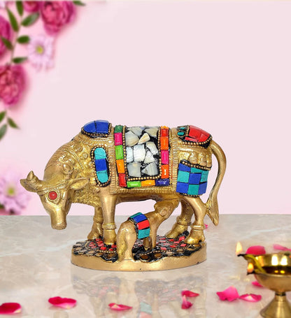 Brassaura® Brass Kamdhenu Cow with Calf Statue | Height 4 Inches | Multicolor Sacred Cow Idol for Home & Mandir