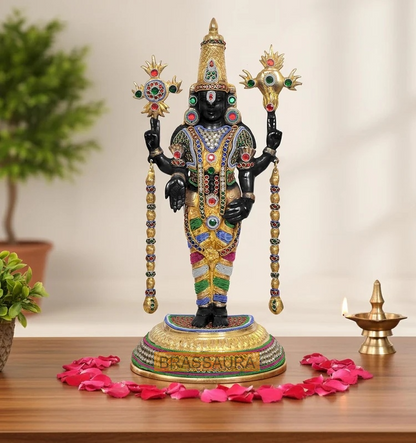 ब्रासोरा® वृंदावन वेणुगोपाल कृष्ण पीतल की प्रतिमा मोर के साथ | एंटीक नीला और सुनहरा रंग | ऊँचाई 20 इंच