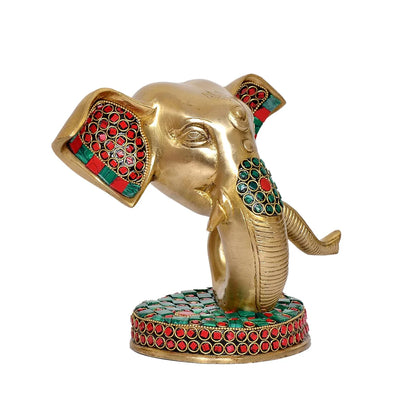 Brassaura® Modern Ganesha Head Brass Idol with Stone Work | Decorative Spiritual Showpiece | Height 6.5 Inches