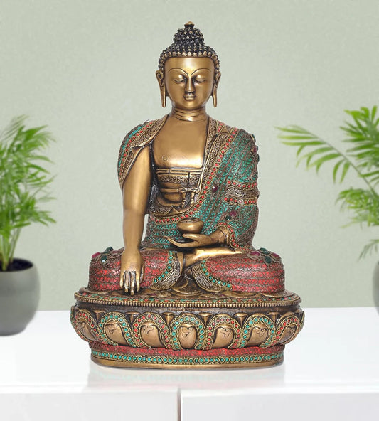 Brassaura® Brass Buddha Statue | Height 17 Inches | Dhyan Mudra Meditating Buddha Idol for Home & Office