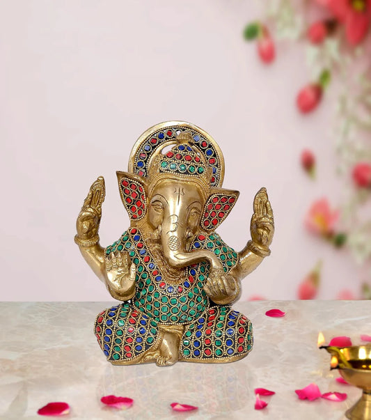 Brassaura® Brass Ganesha Statue | Height 7 Inches | Multicolor Ganpati Idol for Home, Office & Mandir