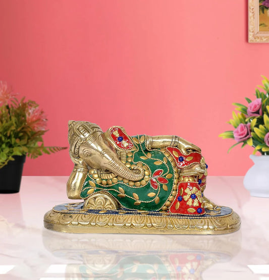 Brassaura® Brass Relaxing Ganesha Statue | 4 Inch Multicolor Ganpati Idol | Handcrafted Brass Murti for Home & Mandir