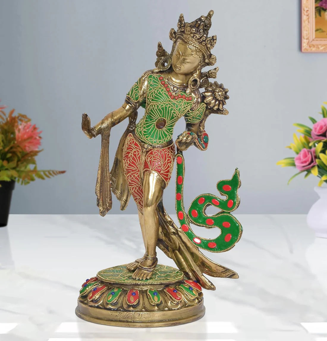 ब्रासोरा® वृंदावन वेणुगोपाल कृष्ण पीतल की प्रतिमा मोर के साथ | एंटीक नीला और सुनहरा रंग | ऊँचाई 20 इंच