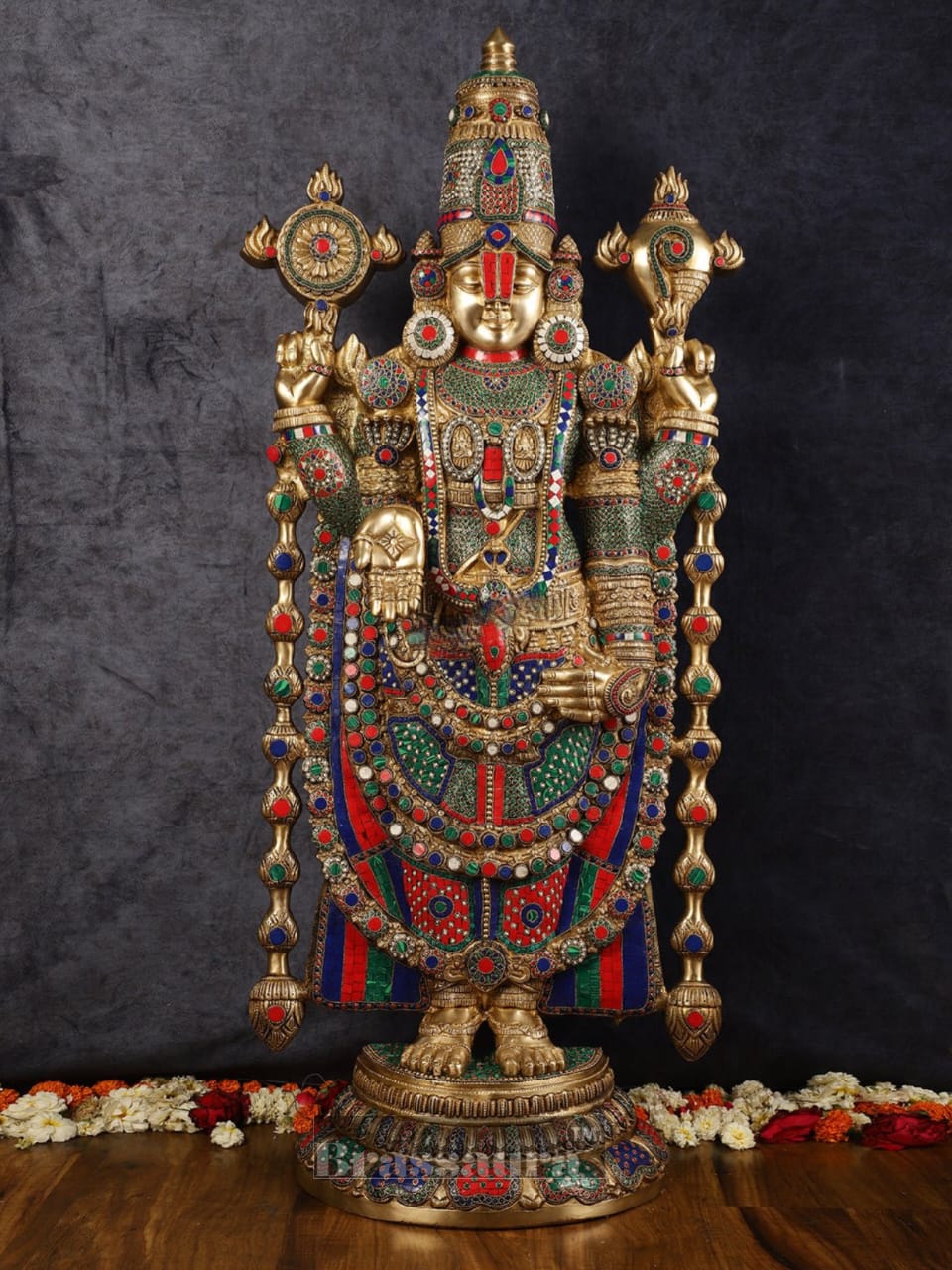 Brassaura™ Majestic Brass Lord Venkateshwara Idol with Stonework – 48 Inches, 49 Kgs