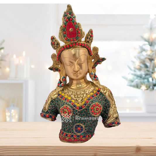 Brass Gem Stone Work Tara Head Idol for Home and Decor Weight 4.6 Kg Height 33 cm