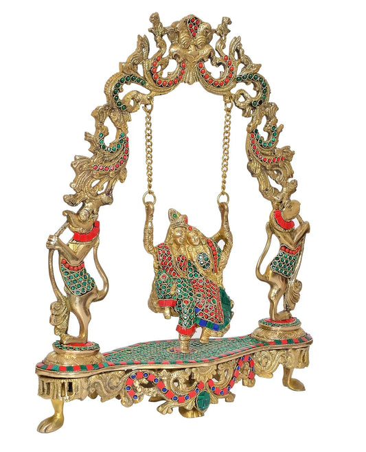 Brassaura® Brass Radha Krishna Jhula Idol | 18 Inch Multicolor Murlidhar Statue | Handcrafted Brass Murti for Home & Temple