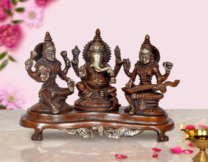 Brassaura® Brass Lakshmi Ganesh Saraswati Statue | Height 6.5 Inches | Multicolor Divine Idol for Home & Mandir