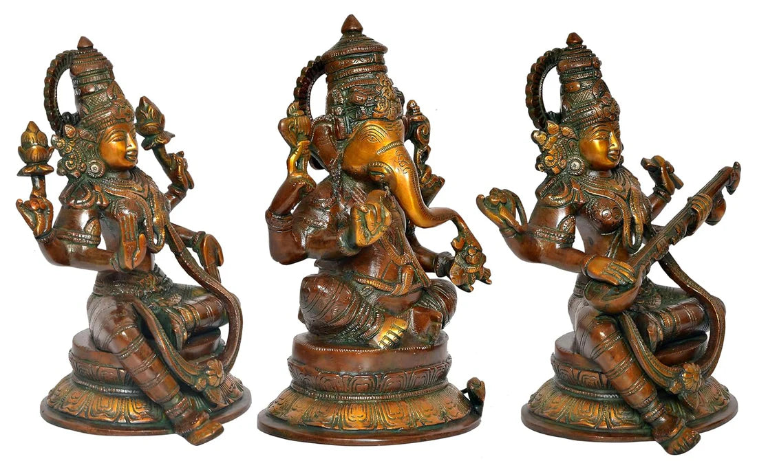 Brassaura® Brass Lakshmi Ganesh Saraswati Statue Idol | Height 10 Inches