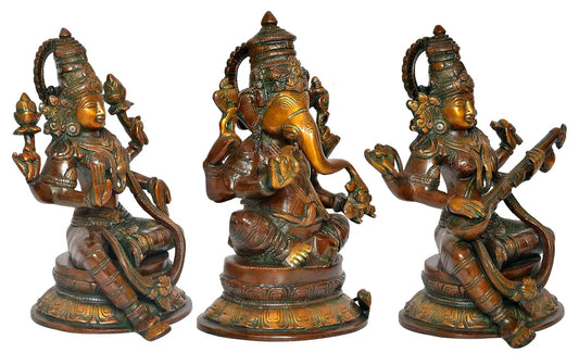 Brassaura® Brass Lakshmi Ganesh Saraswati Statue Idol | Height 10 Inches