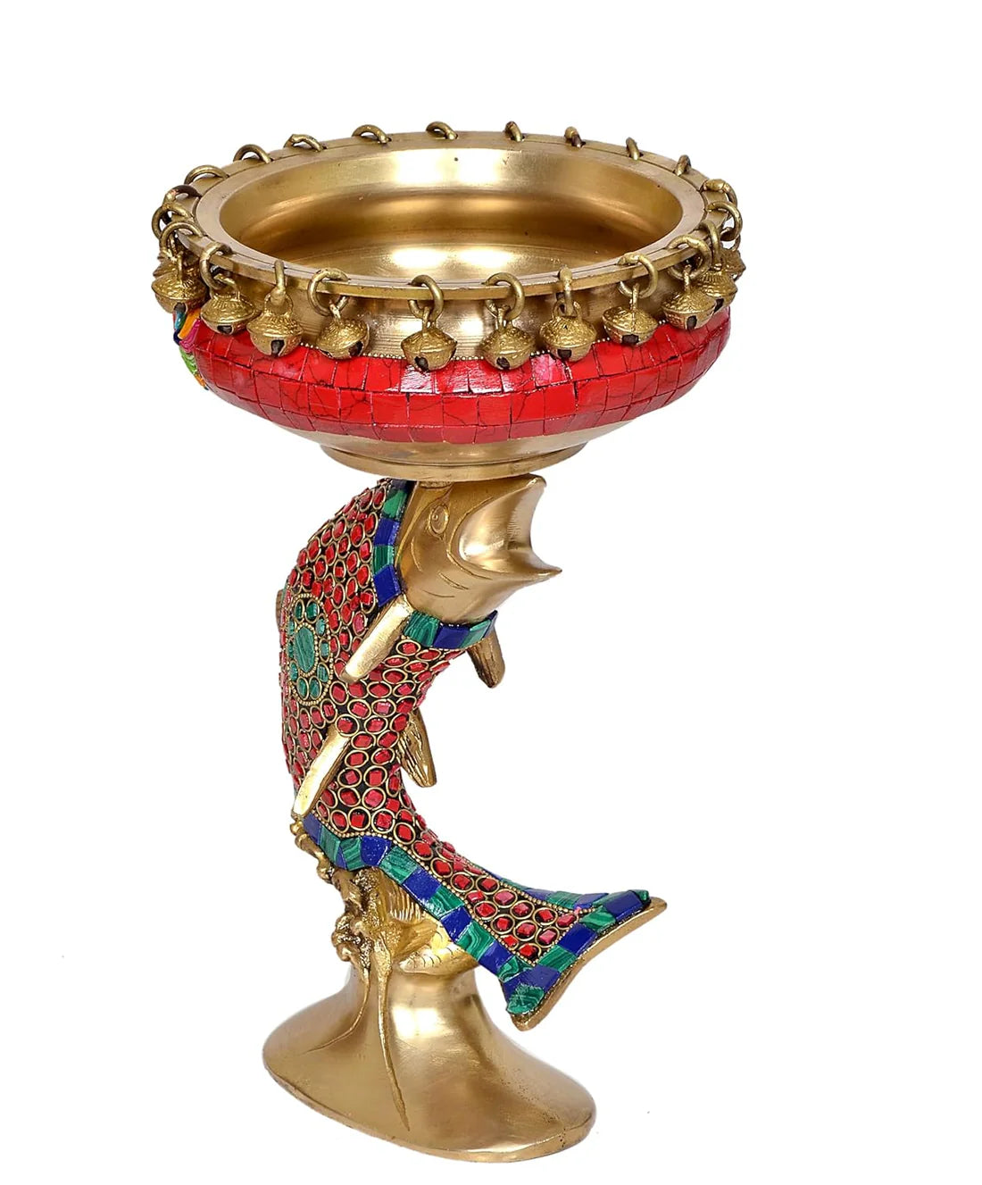 Brassaura® Brass Urli Bowl on Fish Design | Multicolor Stone Work Floating Bowl Décor | Height 11 Inches