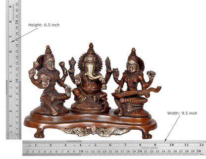 Brassaura® Brass Lakshmi Ganesh Saraswati Statue | Height 6.5 Inches | Multicolor Divine Idol for Home & Mandir