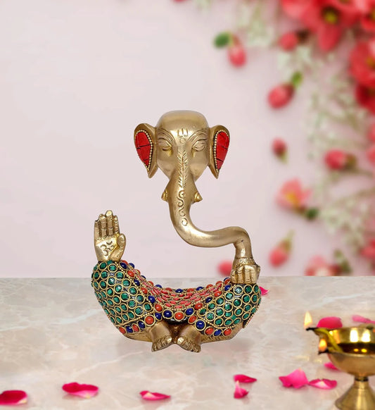 Brassaura® Modern Lord Ganesha Brass Idol with Stonework | Pure Brass | Height 6 Inches
