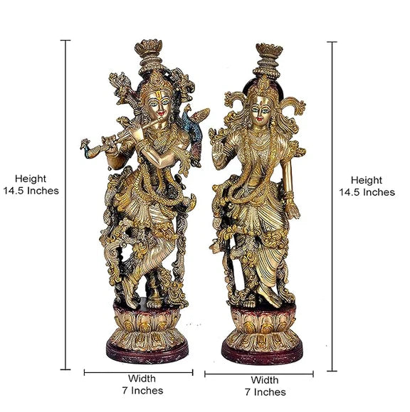 Brassaura® Brass Radha Krishna Statue | Height 15 Inches | Multicolor Divine Couple Idol for Home & Mandir