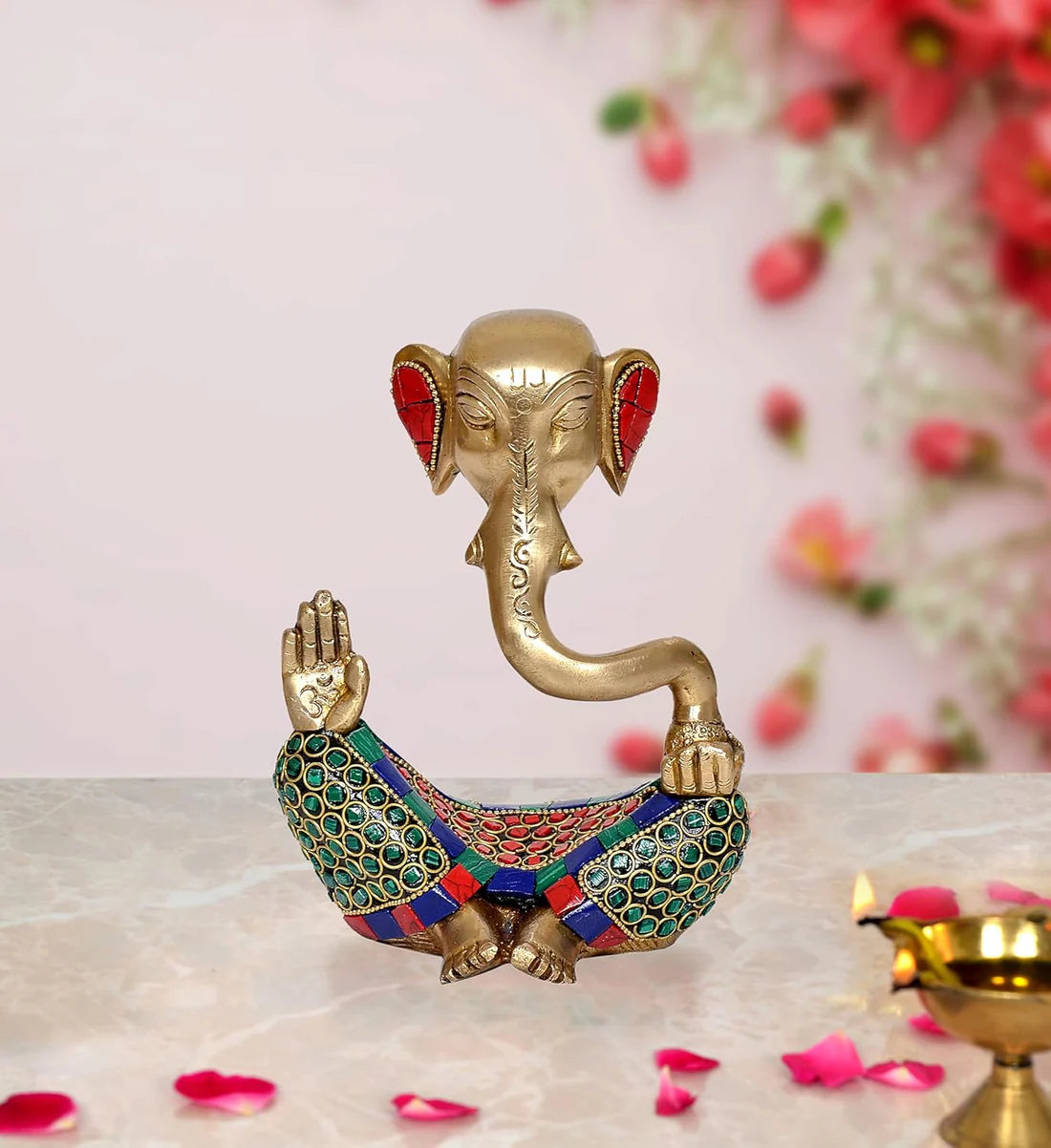 Brassaura® Modern Ganesha Brass Idol with Multicolor Stone Work | Artistic Home Décor Showpiece | Height 6 Inches