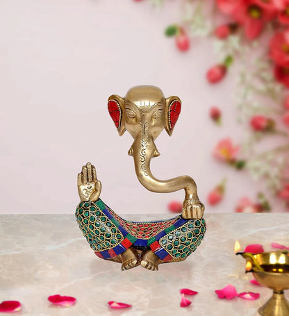 Brassaura® Modern Ganesha Brass Idol with Multicolor Stone Work | Artistic Home Décor Showpiece | Height 6 Inches