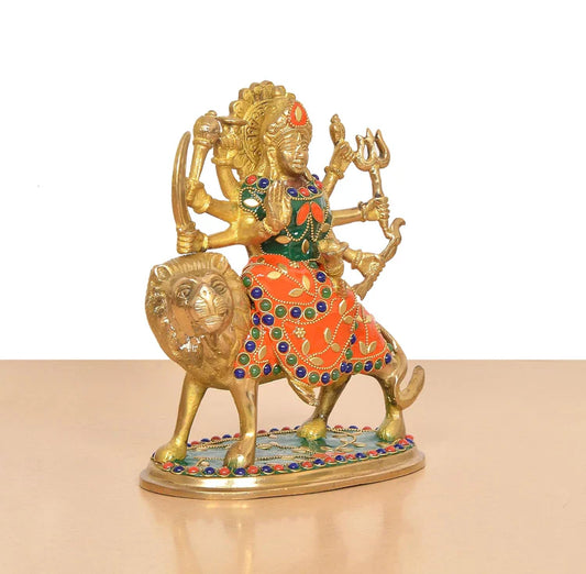 Brassaura® Multicolor Maa Durga Brass Statue on Lion | Handcrafted Devi Idol with Stone Work | Height 7.5 Inches