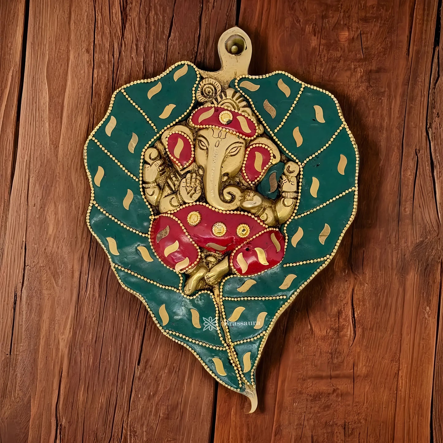 Brassaura™ Brass Gem Stone Pipal Ganesha Wall Hanging Statue For Home-Decor Weight 1 Kgs