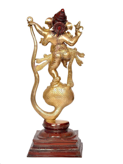 Brassaura® Brass Ganesha Dancing on Sheshnag Statue | Height 26 Inches | Multicolor Ganpati Idol for Home & Mandir