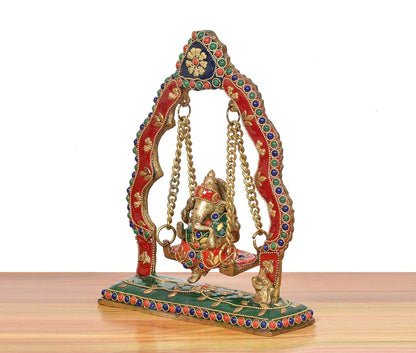 Brassaura® Brass Ganesha Swinging Jhula Statue | Height 9 Inches