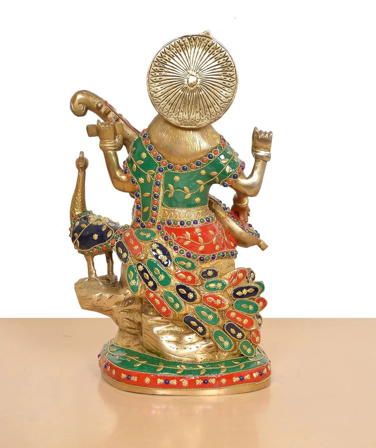 Brassaura® Multicolor Goddess Saraswati Brass Statue with Veena | Handcrafted Vidya Devi Idol | Height 15 Inches