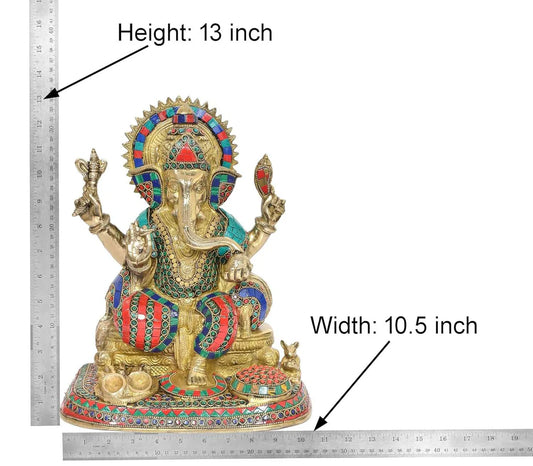 Brassaura® Brass Lord Ganesha Idol | 13 Inch Multicolor Ganpati Statue | Handcrafted Brass Murti for Home & Mandir