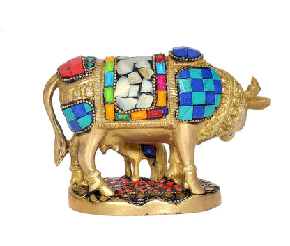 Brassaura® Brass Kamdhenu Cow with Calf Statue | Height 4 Inches | Multicolor Sacred Cow Idol for Home & Mandir