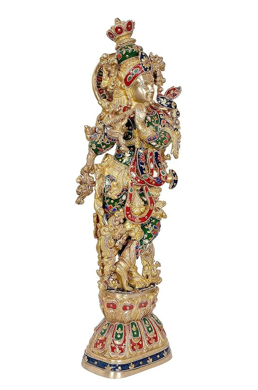 Brassaura® Brass Krishna Statue | 30 Inch Multicolor Lord Krishna Idol | Large Handcrafted Brass Murti for Home & Temple