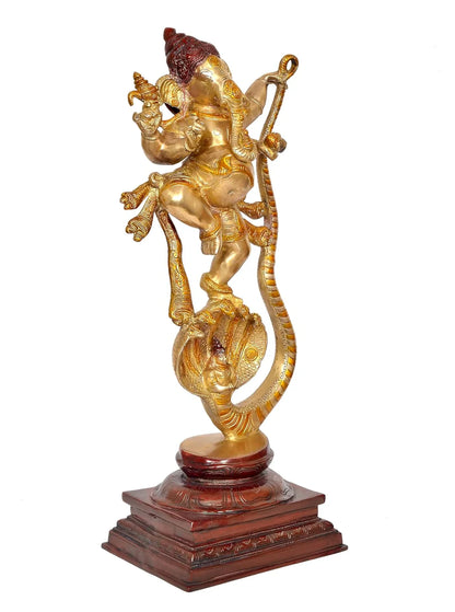 Brassaura® Brass Ganesha Dancing on Sheshnag Statue | Height 26 Inches | Multicolor Ganpati Idol for Home & Mandir