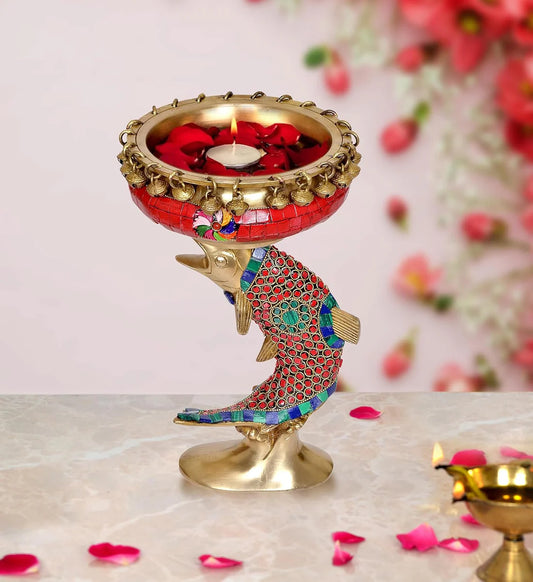 Brassaura® Brass Urli Bowl on Fish Design | Multicolor Stone Work Floating Bowl Décor | Height 11 Inches