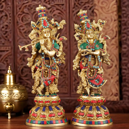 Brassaura™ Brass Radha Krishna Idol Pair with Exquisite Stonework – Height 15 Inches & Weight 10 Kgs | Divine Love Statues