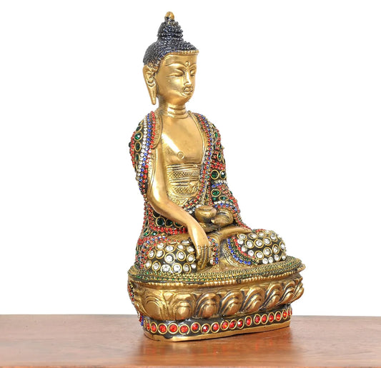 Brassaura® Brass Dhyan Mudra Buddha Statue | 8 Inch Multicolor Buddha Idol | Handcrafted Brass Murti for Home & Meditation Décor