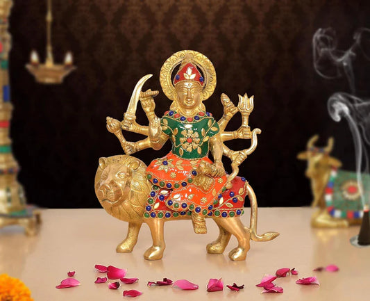 Brassaura® Multicolor Maa Durga Brass Statue on Lion | Handcrafted Devi Idol with Stone Work | Height 8 Inches