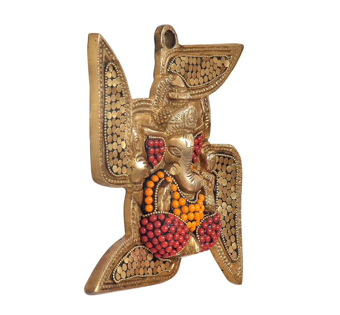 Brassaura® Brass Ganesha Swastik Wall Hanging | Height 8 Inches | Multicolor Decorative Wall Décor for Home & Mandir