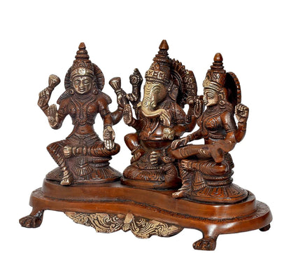 Brassaura® Brass Lakshmi Ganesh Saraswati Statue | Height 6.5 Inches | Multicolor Divine Idol for Home & Mandir