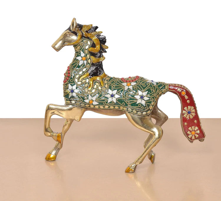 Brassaura® Multicolor Brass Horse Statue | Decorative Running Horse Showpiece with Stone Work | Height 10.5 Inches