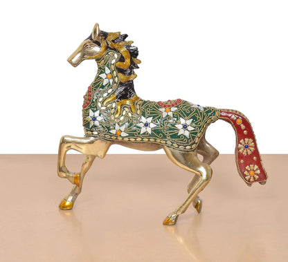 Brassaura® Multicolor Brass Horse Statue | Decorative Running Horse Showpiece with Stone Work | Height 10.5 Inches
