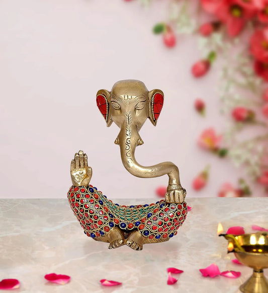 Brassaura® Modern Ganesha Brass Idol with Stone Work | Decorative Spiritual Showpiece | Height 6 Inches